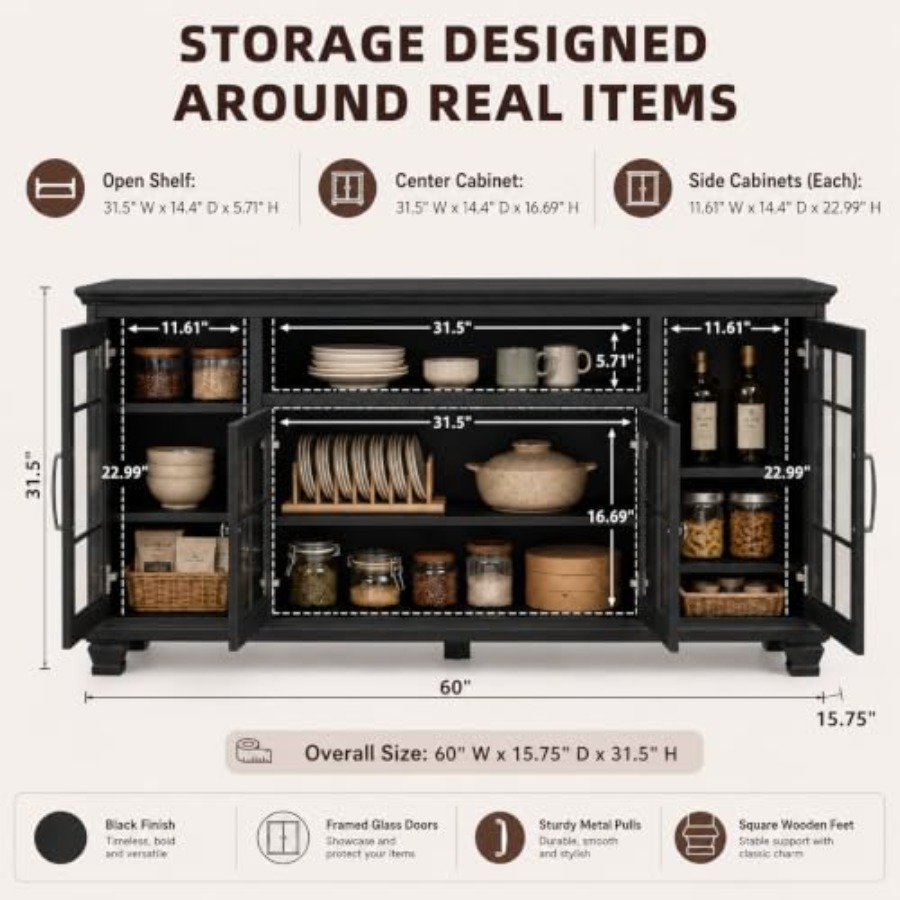 60-Inch Sideboard Buffet with  - огляд і ціна Soft Close Hinge